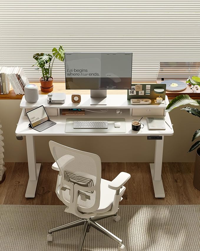 48x24 Inch Electric Standing Desk with Double Drawers Adjustable Feet &amp Hooks Ergonomic Home Office Workstation White