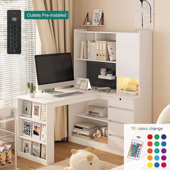 L-Shaped Corner Desk with Hutch/Charger/Drawers/Bookshelf Modern Home Office Desk with LED Lights Study Writing Gaming Computer Table with Storage Space White