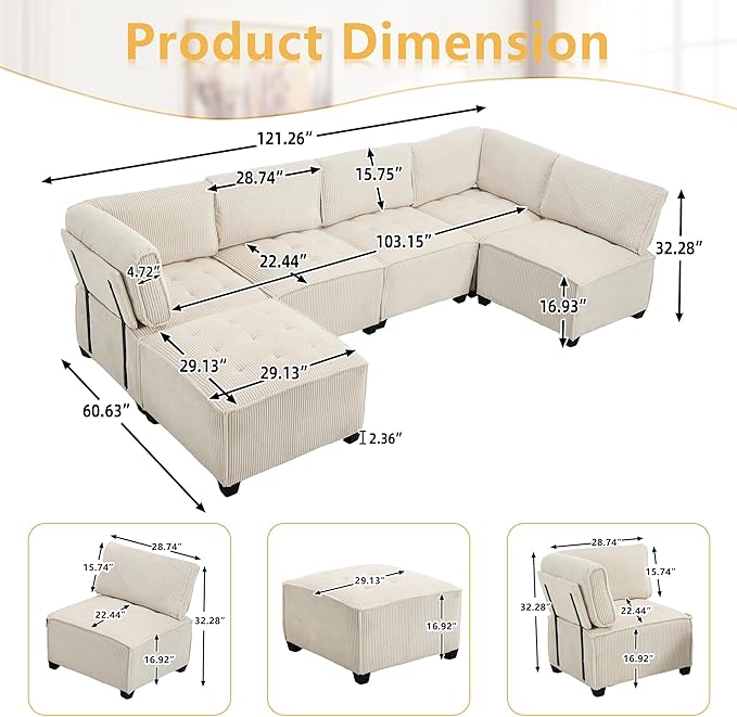 121 U Shaped Modular Sectional Sofa Couch 6 Seat Convertible Upholstered Deep Seat Sleeper Sofa with Chaise Lounge Cloud Couch for Living Room Beige White
