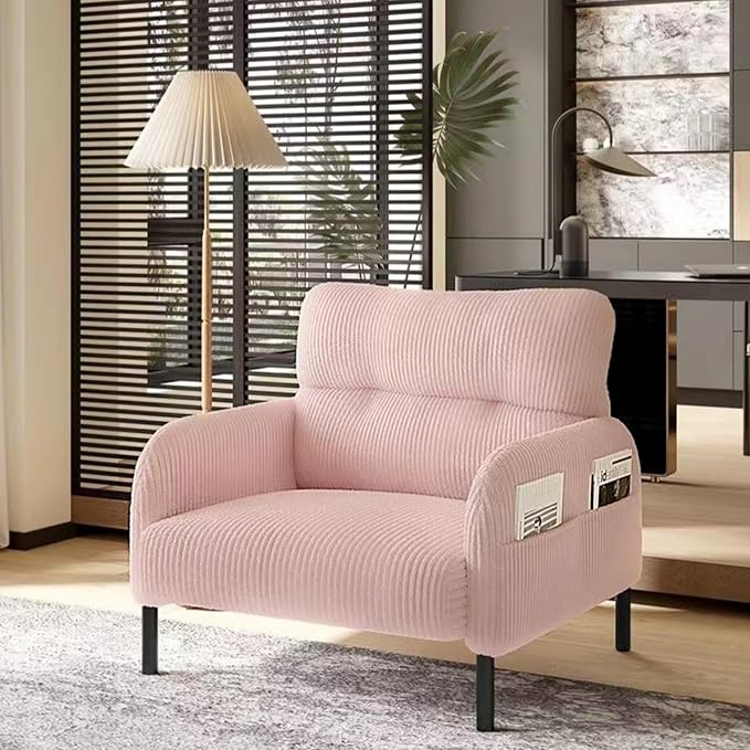 Pink Accent Chair - Corduroy Living Room Chairs with Side Storage Pockets and Durable Legs Comfy Arm Reading Chair with Soft Backrest for Bedroom Balcony Study Room