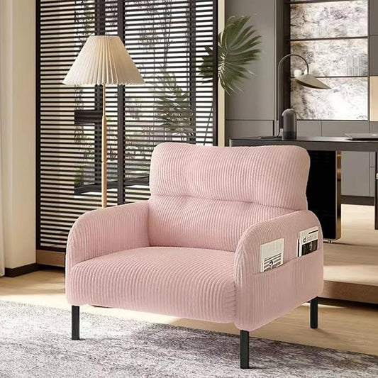Pink Accent Chair - Corduroy Living Room Chairs with Side Storage Pockets and Durable Legs Comfy Arm Reading Chair with Soft Backrest for Bedroom Balcony Study Room
