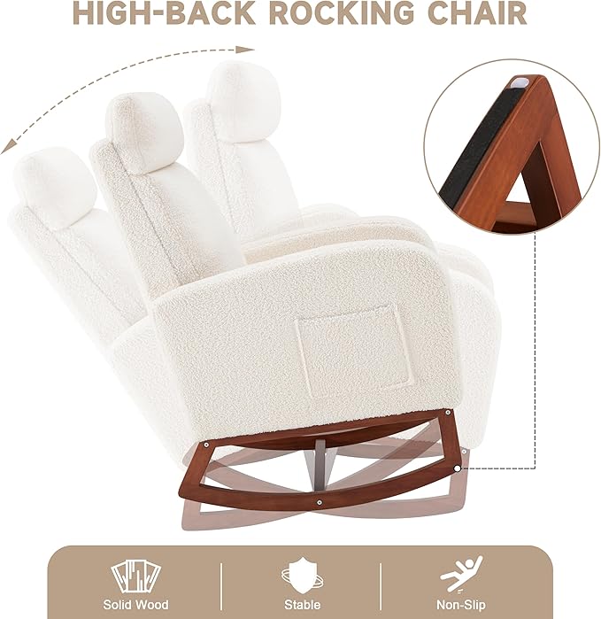Nursery Rocking Chairs with Foot Rest Rocking Chair Nursery Chair with High Back Glider Rocking Chair Baby Nursery Glider Rocker Nursing Chair Accent Living Room (Teddy White)