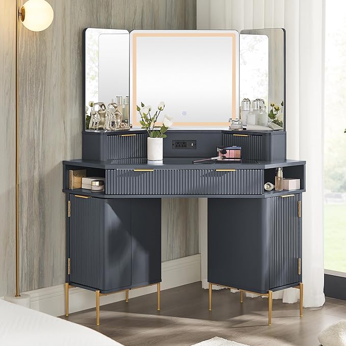 T4TREAM Corner Vanity Desk with Mirror and Lights 48 Modern Fluted Makeup Vanity with Glass Top 3-Panel Lighted Mirror &amp Charging Outlet Dressing Table with 3 Drawers &amp 2 Cabinets Dark Gr