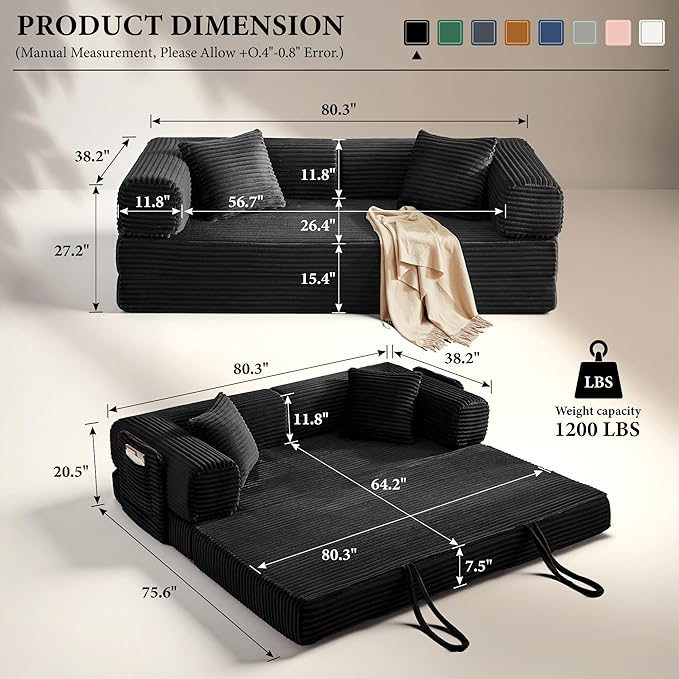Boneless Couch Futon Sofa Bed Sectional Couches for Living RoomCloud Couch with Sleeper SofaSofas for Living Room Oversized Corduroy Upholstered (Black 81 Inches (with Iron Frame))