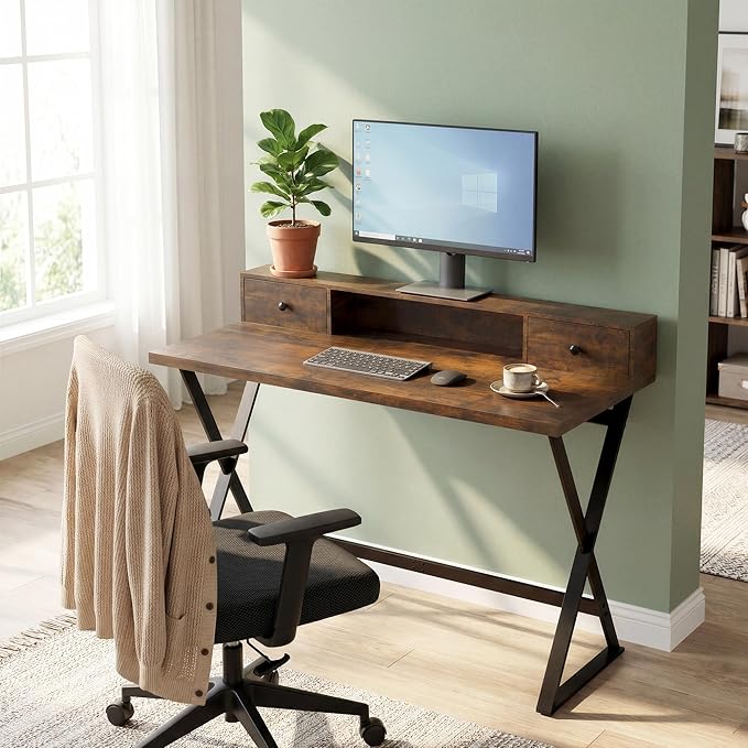 Manora Computer Desk with Drawers and Monitor Stand 47 Home Office Desk with Storage Shelf Rustic Brown Writing Study Table with Metal Frame for Bedroom Workstation for Laptop PC