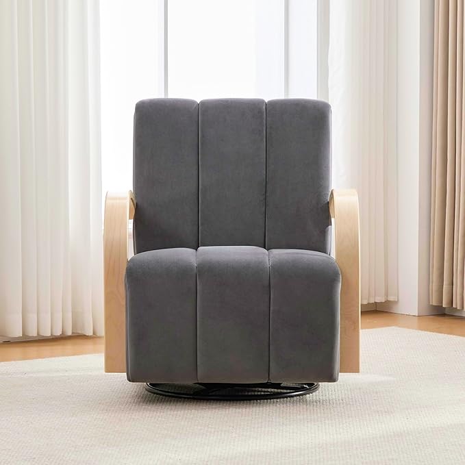 30.3 W Swivel Modern Boucle Upholstered Accent Chair with Solid Wood Armrests Comfy Lounge Reading Chair Side Armchair for Hotel Bedroom Living Room Office Nursery Room (Charcoal+Velvet)