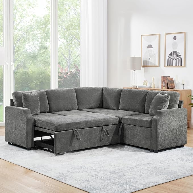 81.9 Sectional Sofa Bed L-Shaped Sectional with a Hidden Storage Compartment Versatile Pull-Out Sofa Bed with Cozy Throw Pillows for Living Room Apartments Offices (Gray-04e)