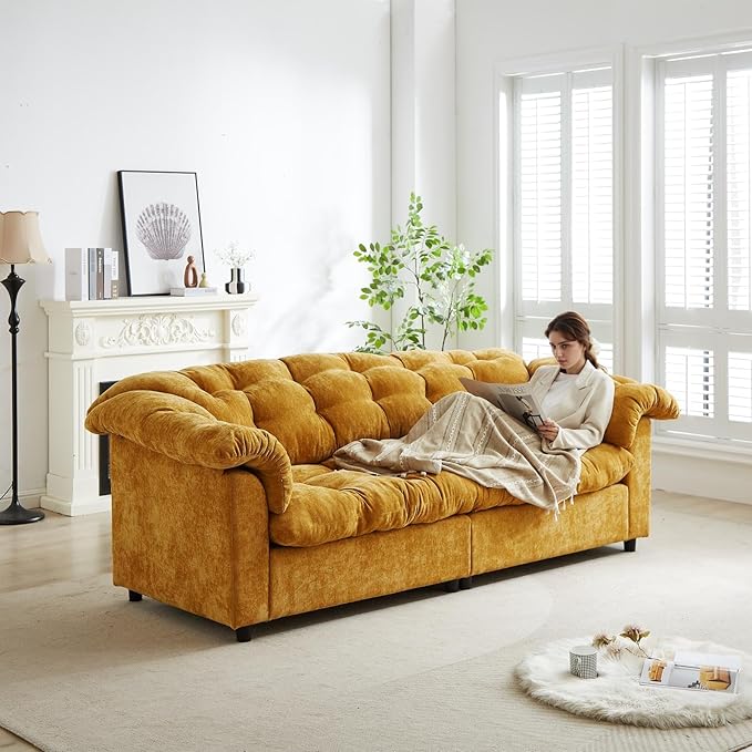 99.2 Cloud Couch Sofa for Living Room 3-Seater Oversized Couches with Thickened Armrests Plush Chenille Fabric &amp Deep Seat Cushions Sofa Modern Comfy Couches for Bedroom Office (Yellow)