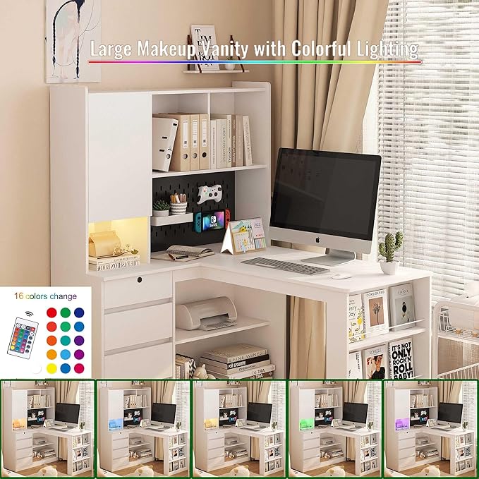 L Shaped Desk with Power Outlets &amp LED Lights Computer Desk with Drawers &amp Bookshelf Modern Corner Desk for Home Office Study Gaming Table Writing Workstation (White)