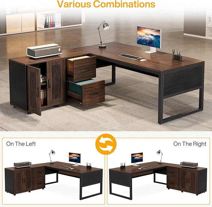 Tribesigns 63-Inch Executive Desk Large Office Desk with Mobile File Cabinet Modern L-Shaped Computer Desk Business Furniture with Door Storage Cabinet for Home Office Dark Walnut &amp Black