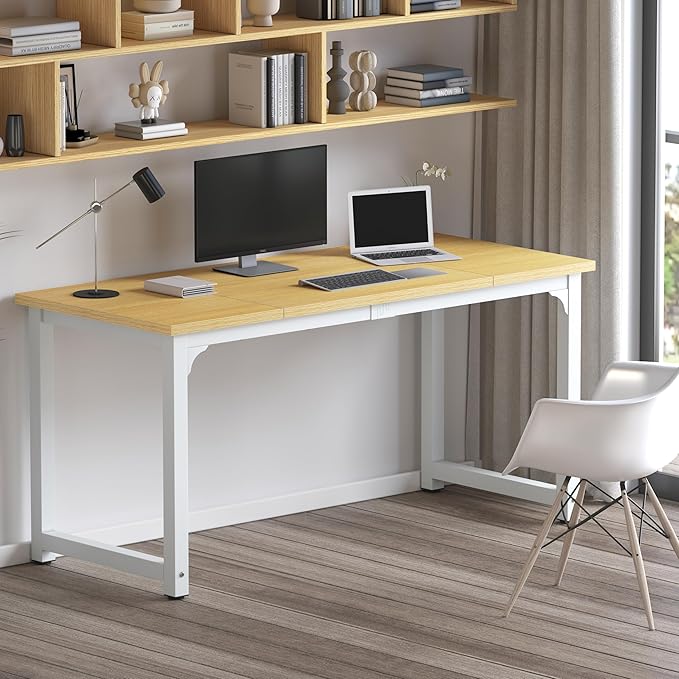 NSdirect 63 Computer DeskLarge Home Office Desk Wide Workstation 1 inch Thicker Tabletop for WritingGames and Home Work PC Desk Modern Finish Wood Board and Sturdy Steel LegsOak+White