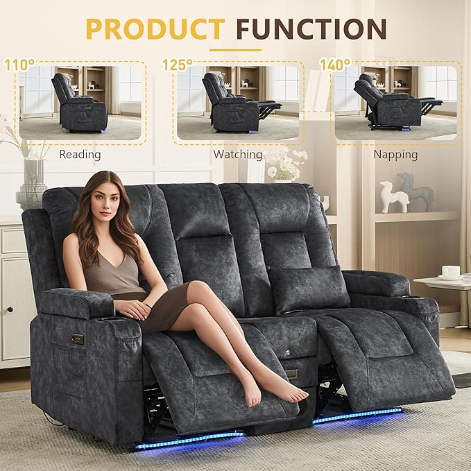 URRED Power Loveseat Recliner Sofa with Flipped Backrest Console Wall Hugger RV Reclining Loveseat Sofa Couch with LED Light/Bluetooth Speakers/USB/Outlets/Cup Holders/Pillow/Side Pocket Grey