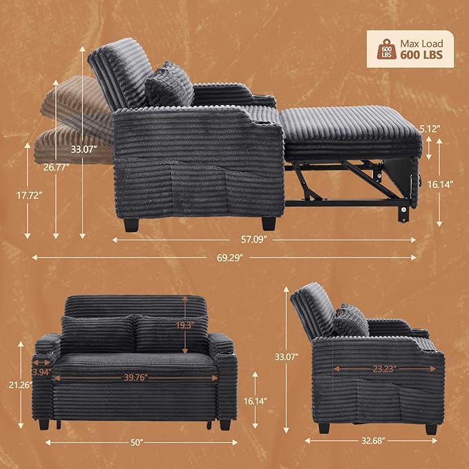 VINGLI Dark Gray Futon Sofa Bed Convertible Loveseat Sleeper Sofa Couch Corduroy Pullout Sofa Fold Out Couch Bed with USB Ports Cup Holders Armrest for Living Room Bedroom Apartment Room | Loveses