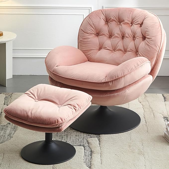 Swivel Accent Chair with Ottoman Set Velvet Modern Lounge Chair with Metal Base Frame &amp Footrest Comfy Lazy Single Leisure Armchair Reading Chair with 360 Swiveling For Living Room/Bedroom/Pink