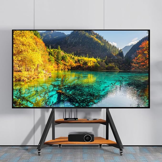 Floor TV Stand for 65-100 Inch TVsAdjustable Heights TV Mount Stands with Large Wood Shelf and WheelsModern Living Room Rolling TV Stand Up to 220 lbsVESA 800x600mmWalnut(VC-Z1188)