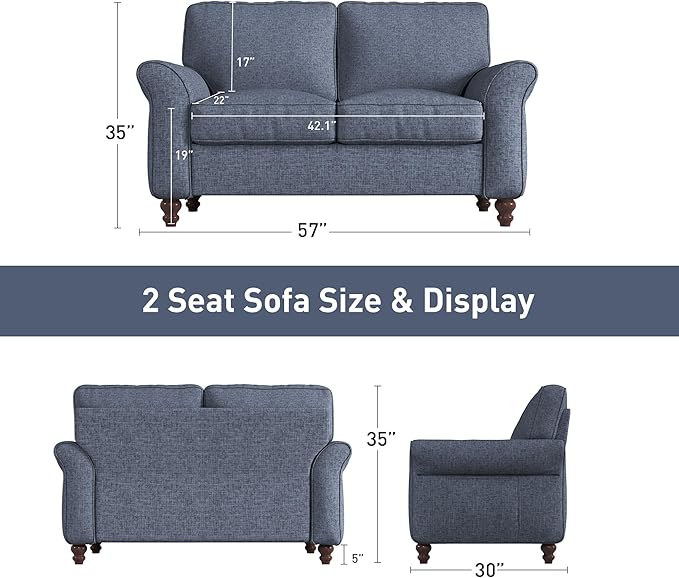 Bonzy Home 57 Loveseat Sofa 2 Seater Comfy Love Seat Sofa for Living Room Apartment Office Blue