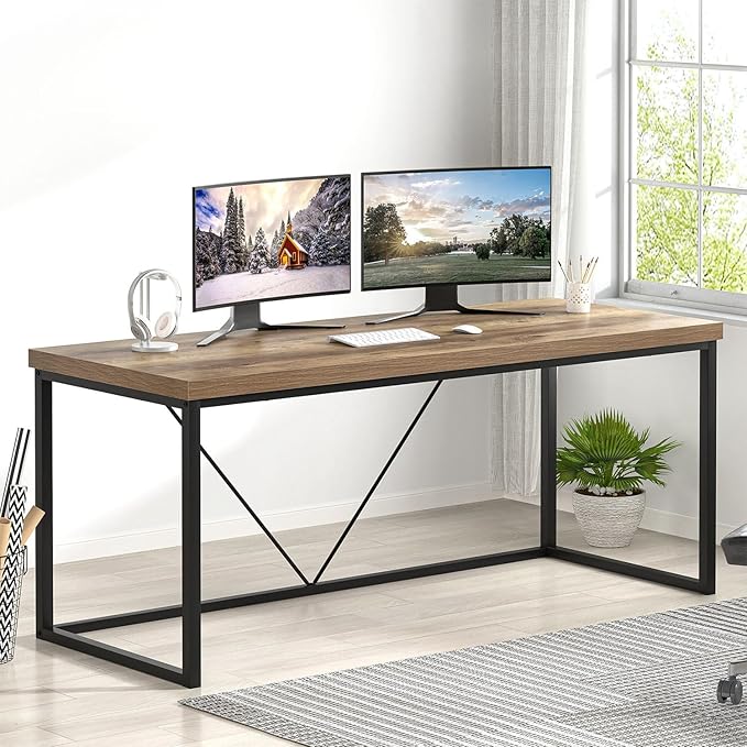 FOLUBAN Industrial Computer Desk Rustic Wood and Metal Writing Desk Vintage PC Table for Home Office Oak 60 inch