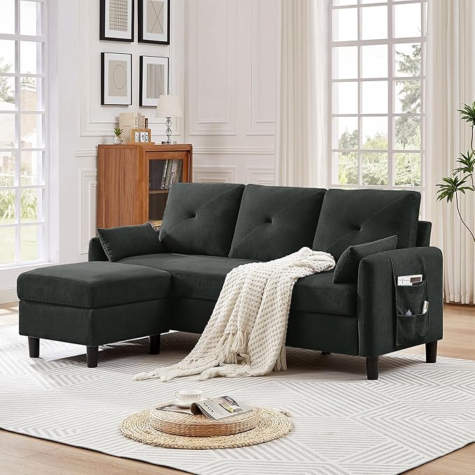 77 Convertible Sectional Sofa Couch Modern 3-Seat L-Shaped Couch with Reversible Ottoman and Storage Pocket Small Sectional Couches for Living Room Apartment and Small Spaces Black