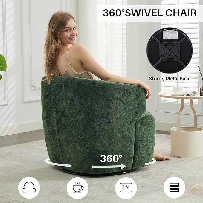 Swivel Accent Chair Chenille Barrel Chair for Living Room Cozy Round Boucle Arm Chair Metal Base for Club Nursery Bedroom Green