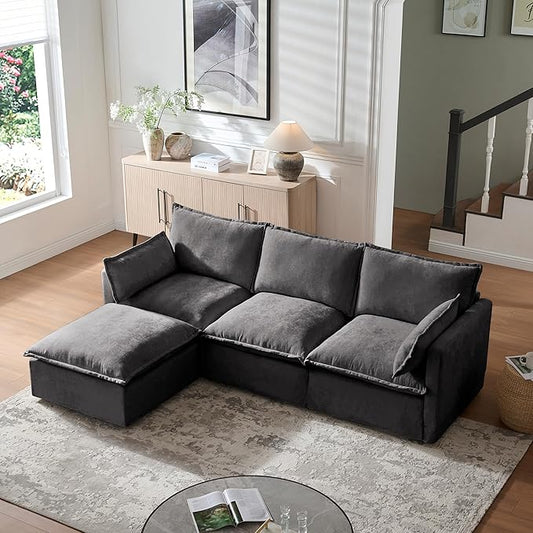 93'' Cloud Modular Sectional Couch with Convertible Removable Ottoman Oversized L Shape Sofa Deep Seat Sofa with Throw Pillows for Living Room Bedroom Apartment (Gray)