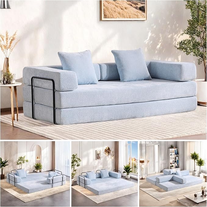 Convertible Floor Sofa Bed Foldable Mattress Cloud Couch with Pillow Back &amp Armrest Chenille Sleeper Sofa Bed with Fixed-Shape Frame Compressed Couch for Living Room Bedroom Light Blue