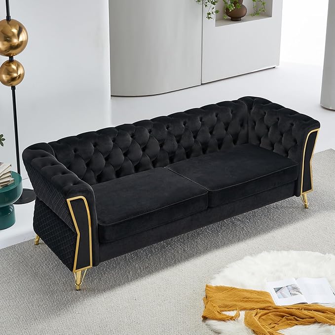 Modern Velvet Couch for Living Room 87.4 Inch Long Tufted Oversized Sofa Decor with Golden Metal Legs (Black)