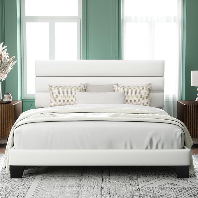 Allewie King Size Platform Bed Frame with Velvet Upholstered Headboard and Wooden Slats Support Fully Upholstered Mattress Foundation/No Box Spring Needed/Easy Assembly White