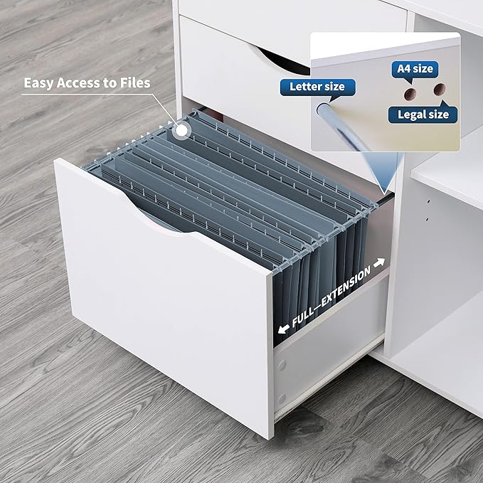 QDSSDECO 3-Drawer with Shelf Wood File Cabinet Mobile Lateral Filing Cabinet with Rolling Wheel Printer Stand and Open Adjustable Storage Shelves for Home Office White