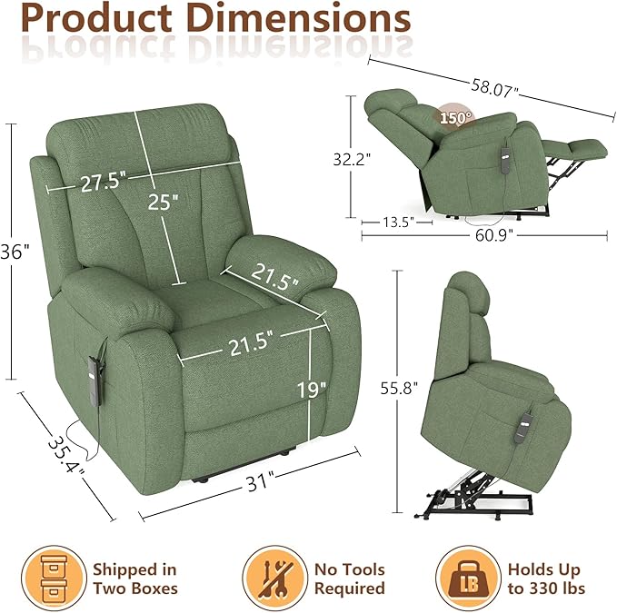 cinkehome Small Power Lift Recliner for Elderly Lift Chair Recliners Electric Recliner Chairs for Seniors Remote Control Adjustable Side Pocket (Green)