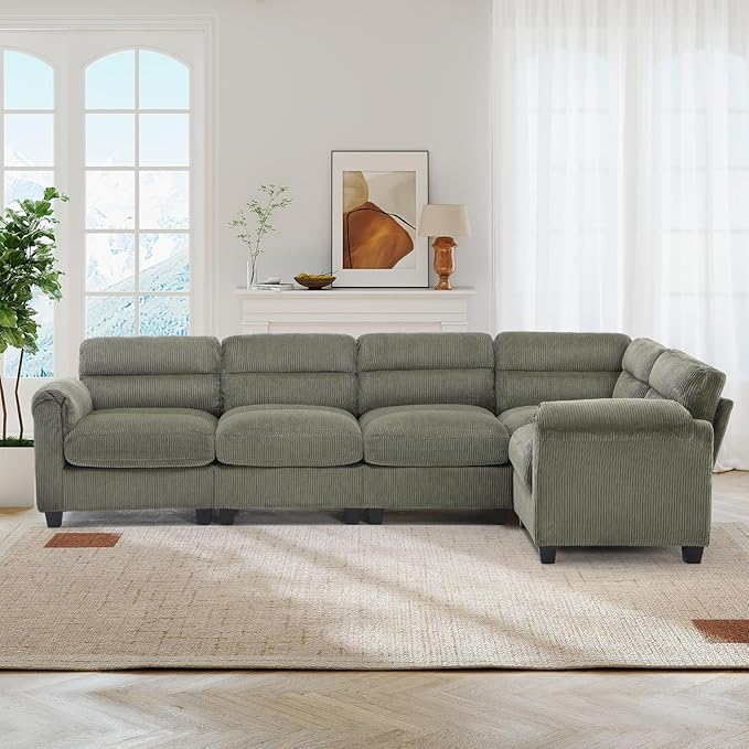 115 Wide Modular Sectional L Shaped Corner Sofa Couch Corduroy Fabric 5-Seater Couches with Thick Cushion and Rolled Arm for Living Room Green
