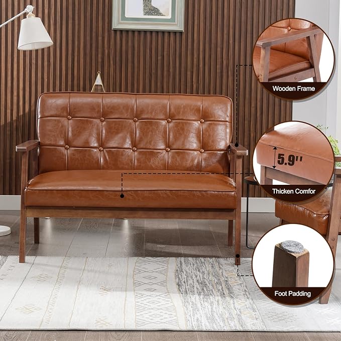 Okeysen Modern Loveseat Sofa SetUpholstered Leather Couch Love Seats 2-Seat &amp Accent ChairLiving Room Furniture SetsSmall Couches for Small Spaces Living RoomApartmentOffice(Brown)