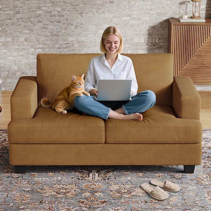 63 Inch Sofa with Extra Deep Seats Oversize Corduroy Fabric 2 Seater Sofa for Living RoomModern Couch and Loveseat Comfy Armrests and Seats and Backrests Easy Installation Ginger Yellow