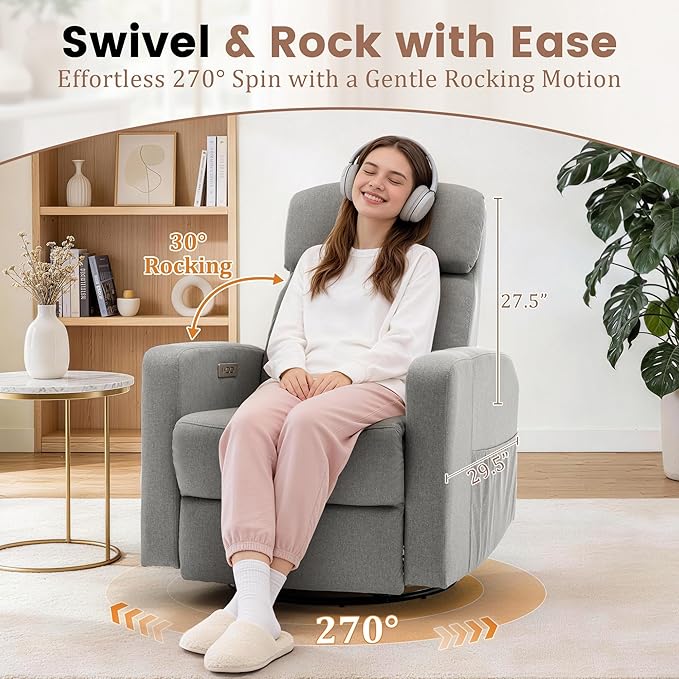 Power Swivel Recliner Chairs for Adults Electric Glider Rocking Chair Nursery Glider Recliner Nursery Chair with Classified Side Pocket Nursery Rocking Chairs with USB and Type-C Ports