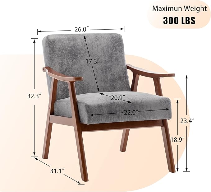 Accent Chair Living Room Chairs with Extra-Thick Backrest Lounge Accent Chair with Solid Wood Frame Comfy Tech Cloth Vanity Chair Armchair for Bedroom Reading Room Office Grey