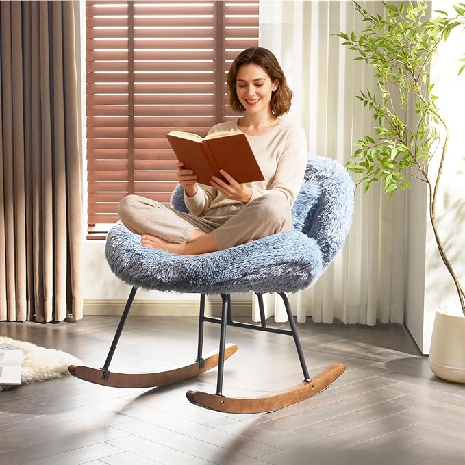 VINGLI 25.6 Extra Wide Nursery 115° Armless Rocking Chair Curved Cute Cross-Legged Glider Chair with Pillow &amp Solid Wood Nursing Chair for Bedroom Living Room Fluffy Fleece Ocean Blue