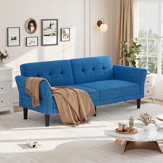 GarveeHome 89 Futon Sofa Bed Convertible Sleeper Sofa with Adjustable Backrest &amp Armrest Modern Futon Couch Bed Loveseat Sleeper for Living Room Bedroom Apartments Blue