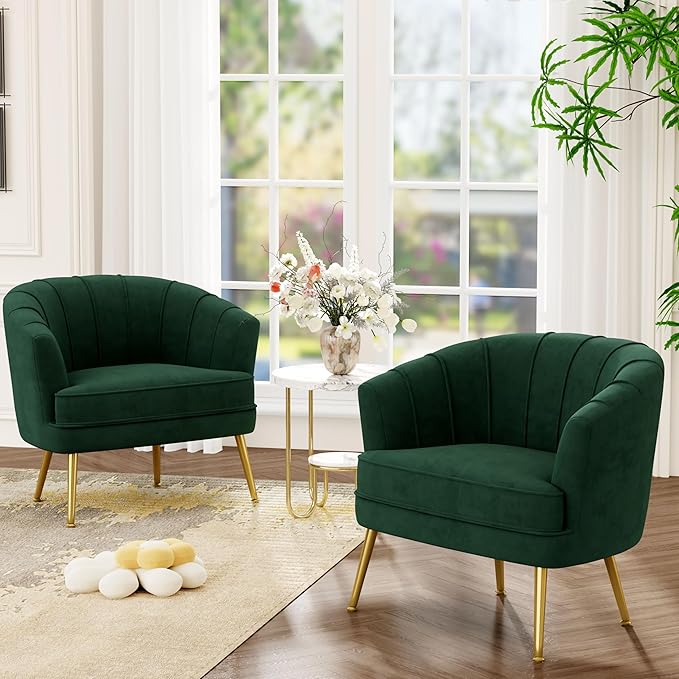 Andeworld Velvet Accent Chair Set of 2 Upholstered Modern Single Sofa Side ChairComfy Barrel Club Living Room Armchair with Golden Metal Legs for Bedroom Living Reading Room Office Green