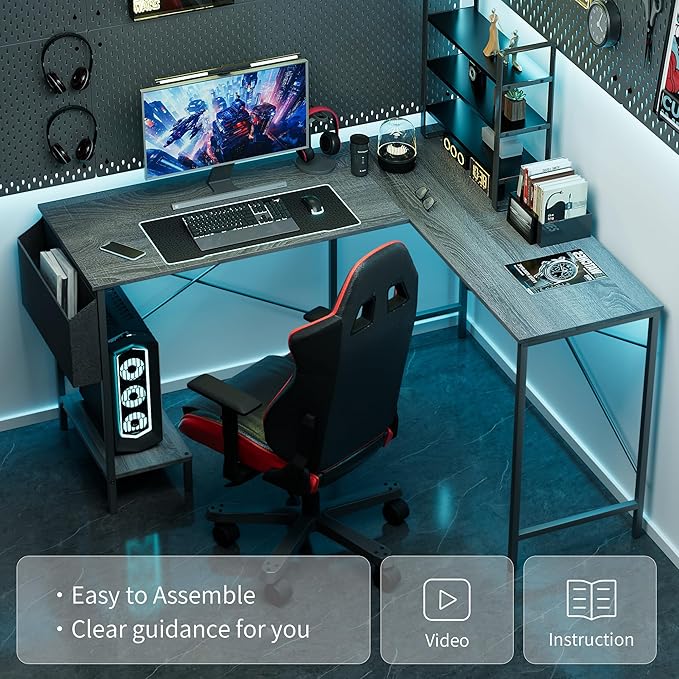 Simple Deluxe L Shaped Desk Gaming Computer 50 Inch Reversible Corner Table PC Work Table for Writing Study Student with Wood Tabletop Metal Frame CPU Stand Side Bag for Home Office Small Place