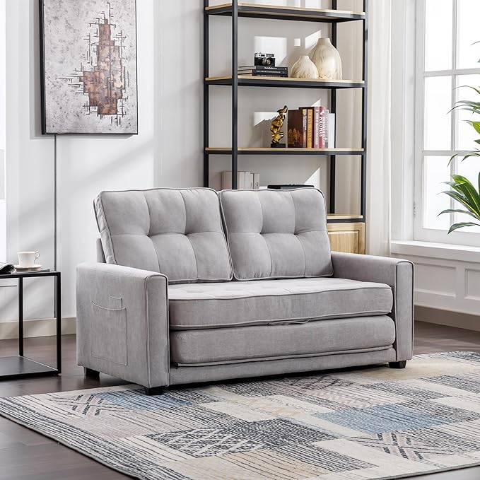 ERYE 3 Fold Tufted Upholstered Futon Sofa Bed Modern Convertible Foldable Floor Loveseat Sofabed with Pull Out Sleeper Couch Daybed W/Side Pockets for Living Room