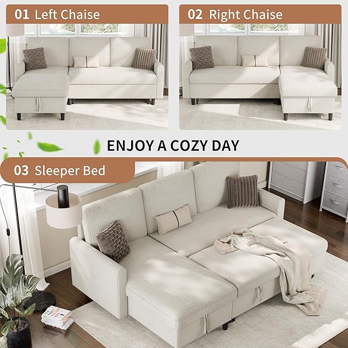 Nuturelly Sectional Sofa Couch Bed L Shaped Sleeper Sofa Bed Pull Out Bed with Storage Reversible Sectional Couches for Living Room Apartment Office(White)