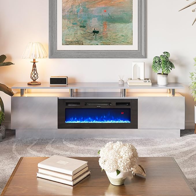 80 TV Stand &amp Entertainment Center Media Console with Storage Cabinet Fits TVs up to 90 Modern Living Room Furniture 36 Electric Fireplace (Grey+Black)