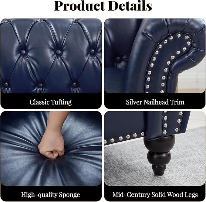 LEVNARY Chesterfield Sofa 3 Seater Tufted Couch for Living Room Classic Button Tufted Upholstered Sofa Modern Mid-Century PU Leather Sofa (Blue)