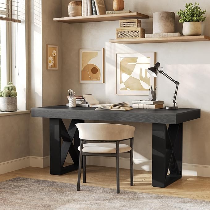 LITTLE TREE 63-Inch Long Computer Desk Simple Wood Thick Appearance Design Study Writing Gaming Work Executive Desk for Home Office Black