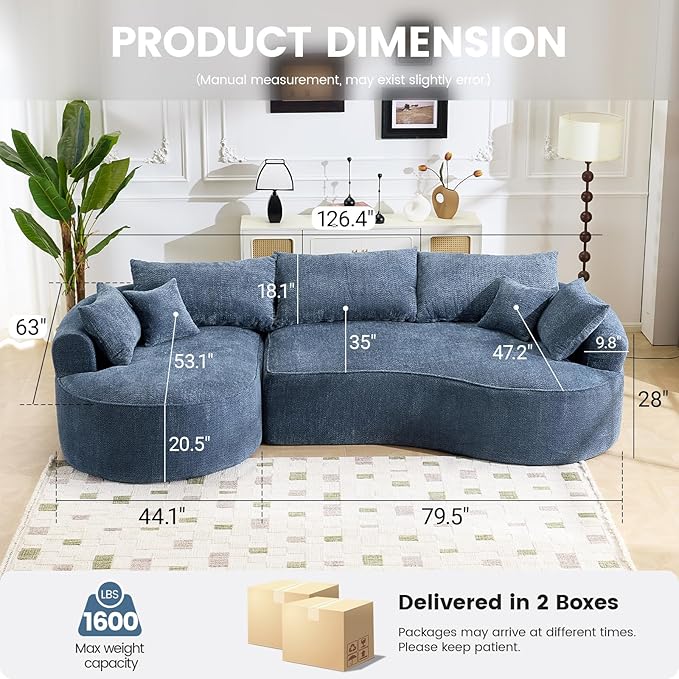 126” Oversized Curved Sectional Sofa L Shaped Chenille Boneless Couch with Deep Seat &amp 7 Pillows for Living Room Bedroom No Assembly Required (Blue)