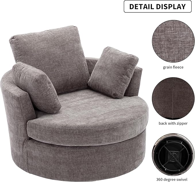 Oversize Round Swivel Chair Cozy Club 360 Degrees Swivel Sofa with 3 Pillows Chenille Fabric for Living Room Lounge Hotel Bedroom 40.2D X 42.1W X 34.3H Inches (Grey)