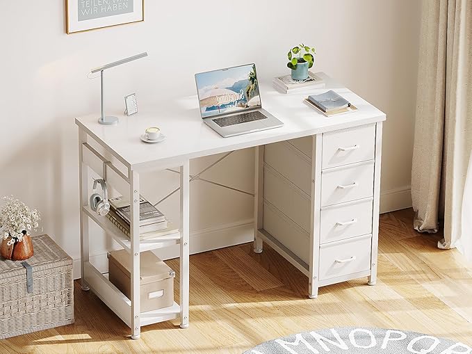 ODK 40 Inch Small White Computer Desk with 4 Fabric Drawers Modern Office Desk for Home Office Gaming with Storage Shelves Study White