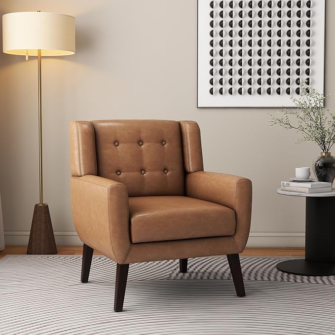 Accent Chair Mid-Century Modern PU Leather Chairs with Arms for Living Room Comfy Upholstered Club Single Sofa Armchair for Bedroom Waiting Room with Solid Wood Frame（Leather Brown Set of 1)