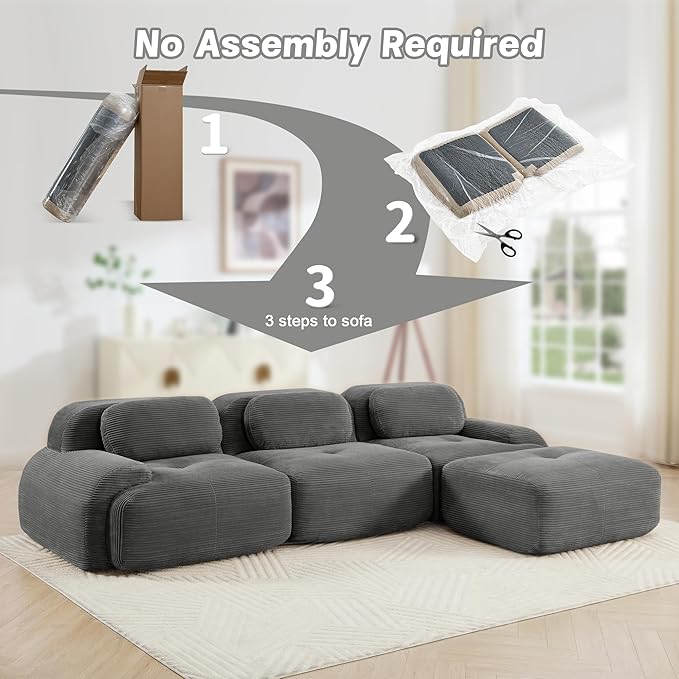 117.3 L-Shaped Cloud Couch Modular Sectional Sofa - Boneless Deep Seat 3-Seater with Movable Ottoman No Assembly Corduroy Upholstery Couches for Living Room (Grey)