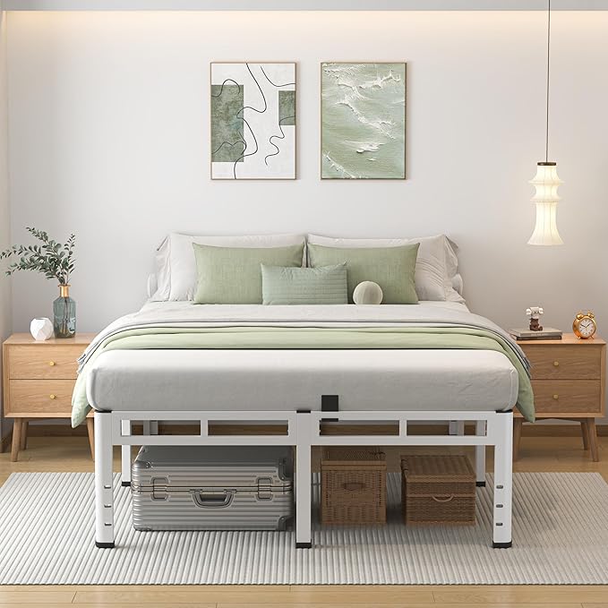 NKZ 20 Inch Full Size Bed Frame Metal Bed Frame &amp Box Spring 2 in 1 Platform with Round Corner Legs 4000lbs Weight Capacity Reinforced Metal Frame Headboard Hole Noise-Free Easy Assembly.