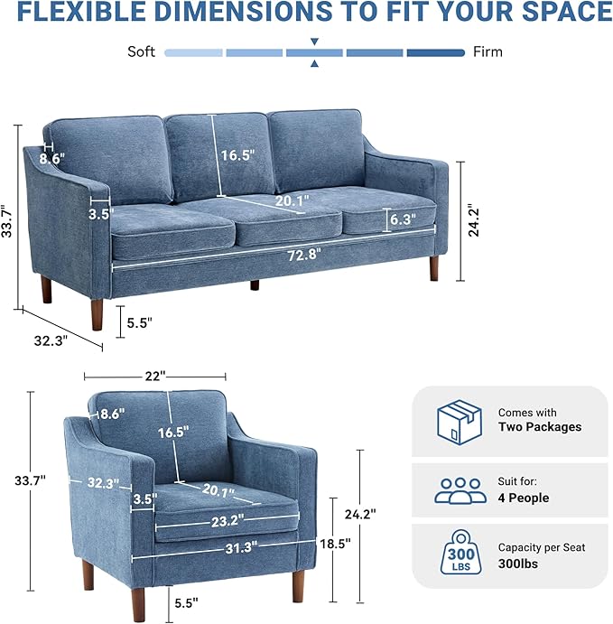 Kingfun Living Room Furniture Sets 3 Seater Couch and Armchair Mid Century Modern Sofa Set Chenille Couch with Solid Wood Frame for Living Room &amp Bedroom Light Blue